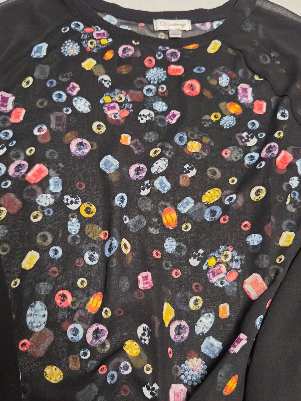 Olsenboye Womens L Black Multicolor Graphic Print Sheer Crew Raglan Pullover Y2k